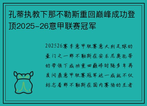 孔蒂执教下那不勒斯重回巅峰成功登顶2025-26意甲联赛冠军